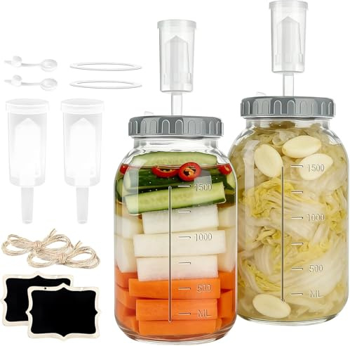 LUPATDY 2 stycken fermenteringsglas 2 L/64 oz, fermenteringsglas med jäsningsventil och skruvlock, fermenteringsglas med, fermenteringsset för Kimchi surdeg surkål kefir grönsaker