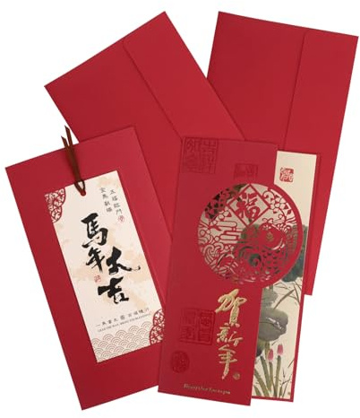 Goktvai 2uds Tarjetas Saludo del Año Nuevo Chino Caballo, 2026 Feliz Año Nuevo Tarjeta Calada con Sobres & Página Interior en Blanco/Lotus Marcador 2026 Decoración del Festival Primavera para Familia