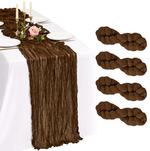 Showgeous brun ostduk bordslöpare 90 x 300 cm, boho gasväv, 4-pack | Ren lätt gasväv med skrynklig struktur; mjuk, tvättbar; för bröllop, baby shower, fester, heminredning och stolband