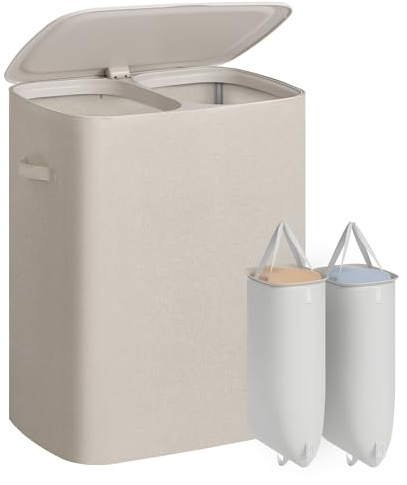 SONGMICS Laundry Basket with Lid, 160L Large Hamper, 2 Compartments | Foldable Washing Basket with Handles, Removable Liner Bags, 56 x 40.5 x 70 cm, Cappuccino, BROSI Collection LCB822L101