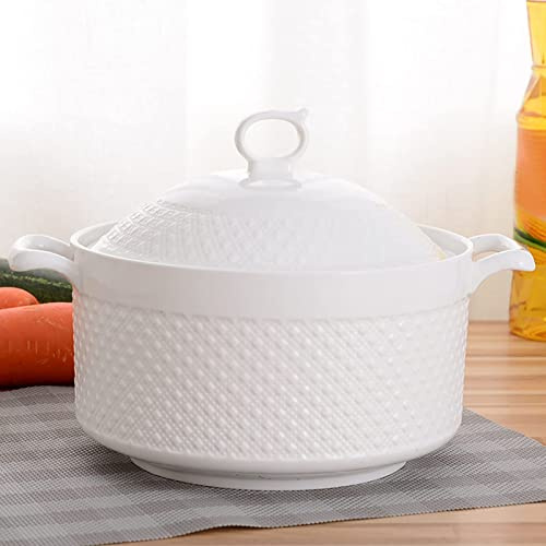 YLME Cuenco De Porcelana para Servir Sopa Sopera De CeráMica con Tapa Y Cuchara DiseñO Antiescaldaduras En Ambas Asas para Microondas Color Blanco,2400ml