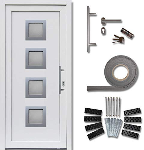 kuporta Haustür Komplett-Set – Eingangstür Haustüre aus Kunststoff Modell: Modena, 98 x 190 cm, DIN rechts, außen und innen weiß mit Stoßgriff-Set, Montageset, Fugendichtband