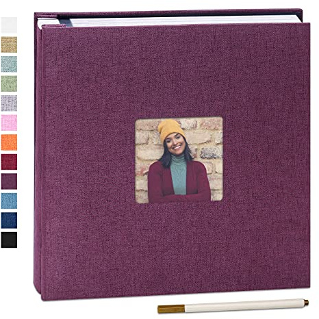 Yopih Self Adhesive Photo Album with Window, 40 Pages, 28x27cm, Purple | Linen Cover, Photo Scrapbook, Metallic Pen, Photos 10X15 13X18 15X20 20X25 Cm, Wedding Baby Family
