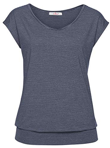 ELFIN Maliette Donna Maniche Corte Estiva T-Shirt Girocollo Elegant Tee a Righe Maglietta Blusa Maglia Primavera Blu S