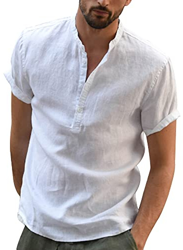 YAOBAOLE Mens Linen Henley Shirt Short Sleeve Beach Yoga Loose Fit Henleys Tops White M