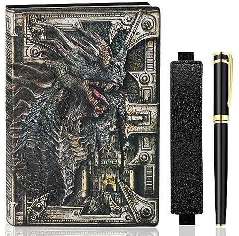 UMiWEi Vintage Dragon Embossed Leather Notebook DND Notebook Travel Journal with Ballpoint Pen and Pen Sleeve Antique Handmade A5 Journal,Hardcover Liner,Writing Notebook Gift for Men Women