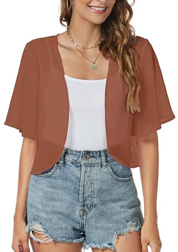 ZNVGIRL Women Shrug Chiffon Cardigans Open Front Short Sleeve Bolero for Evening Dressy, Caramel Brown, XL