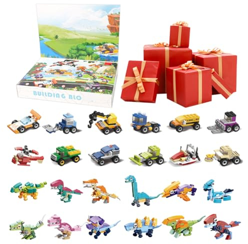 RANJIMA Adventskalender 2025 Kinder, Weihnachtskalender mit 24 Überraschungen Auto Dinosaurier Mini-Bausteine, Weihnachts Countdown 24-IN-2 Blocks Spielzeug Geschenk für Erwachsene Jungen und Mädchen