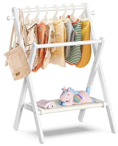 BAMBOOHOMIE Perchero para ropa de bebé para baby shower, mascotas, muñecas, perchero de ropa de bebé con estante de almacenamiento y varillas dobles, perchero para ropa para niños pequeños, mini