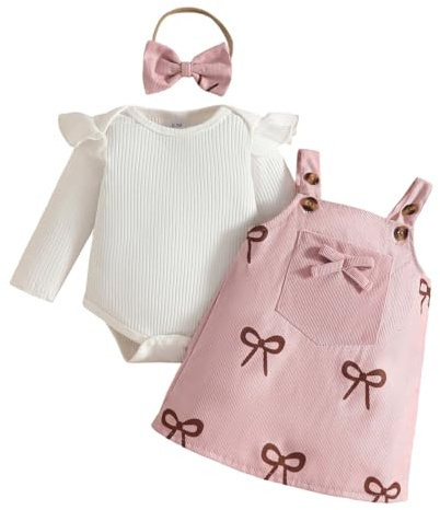 LUVCES Vestiti Neonati Autunnali 3 Pezzi Set Maniche Lunghe con Volant Tutina + Gonna con Bretelle e Fascia per Capelli Abbigliamento Bambina Set di Gonne Fiocco rosa 12-18 Mesi