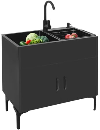 Fristående diskbänk med underskåp och armatur, rostfritt stål diskbänk med 2 handfat, dräneringsyta och dräneringsenhet, för kök, trädgård, utomhus, verkstad, tvättstuga, camping (svart)