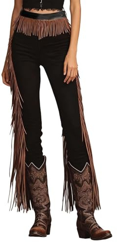 Cexiakong Pantalon d'équitation pour femme - Costume de cowgirl - Pantalon à franges - Chaps occidentaux - Avec pompons - Vintage - Carnaval - Costume de fête - Coupe ajustée - Couleur unie - Pantalon