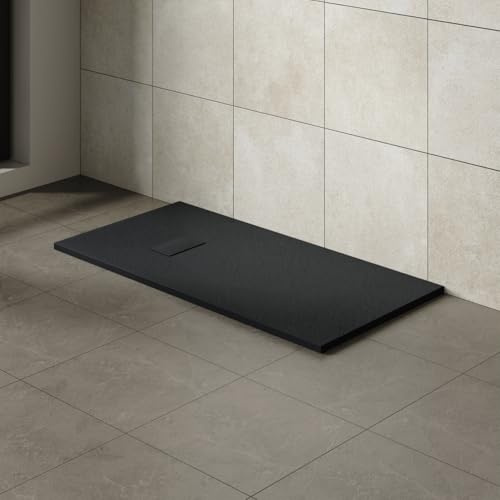 Aquariss SMC Anti Slip Rectangular 1400 x 700 mm Wetroom Shower Tray Black | Slate Effect Shower Tray, Slimline, Bathroom Wet Room Shower Cubicle Base, for Walk In Shower Door, Durable