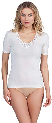 EGI Maillot Femme 85% Laine et 15% Soie avec Col en Dentelle Manches Courtes (5/L, Blanc Laine), Bianco Lana, Large