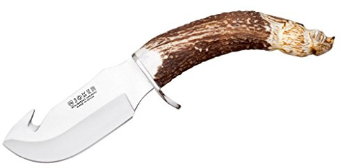 Joker Cuchillo desollador Jabato CT28 Tallado a Mano, Mango de asta de Ciervo, Hoja de 11 cm, Funda de Cuero marrón, Herramienta de Pesca, Caza, Camping y Senderismo