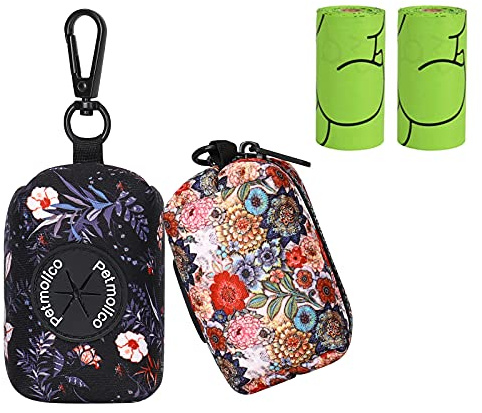 Petmolico Dog Poop Bag Holder Leash Attachment, Waste Bag Dispenser Zippered Pouch - 2 Pack, Fits Any Leash, Includes Free Roll of Bags, Boho Floral