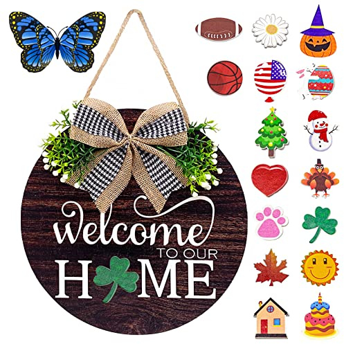 Interchangeable Seasonal Welcome Sign Front Door Decorations, Round Wood Wreath for Outdoor, Farmhouse, Porch Perfect for New Home Housewarming Gift, Valentine's, Easter, Christmas Home Decor