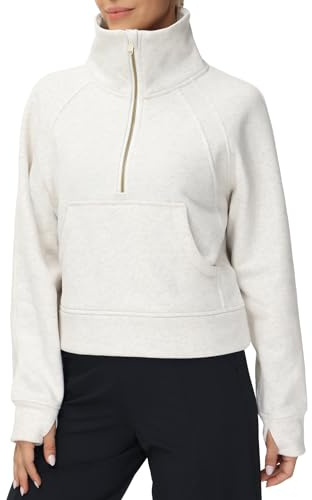 THE GYM PEOPLE Women's Half Zip Pullover Sweatshirt Fleece Stand Collar Crop Sweatshirt with Pockets Thumb Hole Off-white