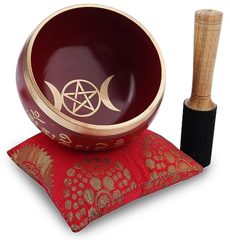 Ajuny Tibetan Singing Bowl Set Handmade Brass Sound Bowl with Mallet & Cushion Moon & Star Design Meditation Yoga Mindfulness & Chakra Healing Therapy Stress Relief Gift (Gold/Maroon, 4 In)