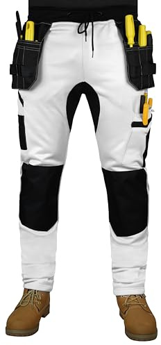 HASHOOB TRADING FZE Mens Fleece Painter Work Trousers with Utility Holster Pockets Decorators White Cargo Combat Pants (WFSN-WHITE1, M)