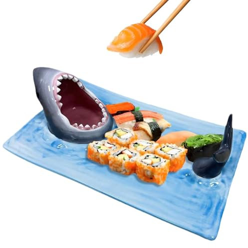 SENIURIS Assiette à tremper requin, plateau de service en céramique bleu pour sushis avec sauce et repose-baguettes pour cuisine, restaurant.