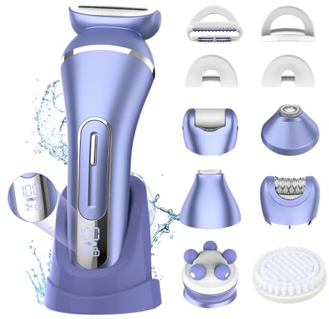 Electric Shavers for Women, 7 in 1 Hair Removal Kit with Epilator Bikini Trimmer Face Razor Body Brush Face Massager Foot Callus Remover, IPX7 Waterproof Lady Razors Set for Legs Armpit Bikini Pubic