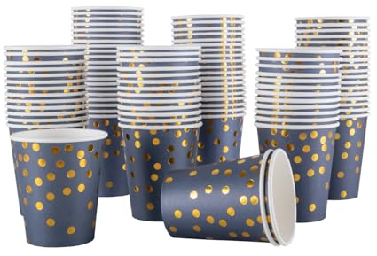 CEILIWEN Partybecher mit goldfarbenen Punkten, elegante königsblaue Pappbecher für heiße und kalte Getränke, ideal für Hochzeiten, Feiern und Veranstaltungen, 250 ml, 100 Stück