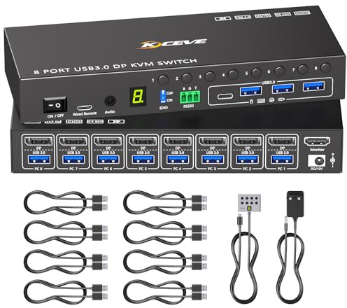 8 Puertos KVM Switch Displayport 4K@60Hz Simulation EDID, Conmutador KVM Displayport USB 3.0 para 8 PC Compartir 1 Monitor y 4 Dispositivos USB, con Audio RS232 Control Remoto con Cable y 8 Cables USB