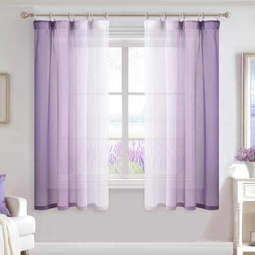 DWCN Violeta Cortinas Translúcidas Degradadas con Cinta Fruncidora de Hilo Gris y Sistema de Riel Corto y Transpirable para Habitación Infantil, Salón, Dormitorio 140 x 160 cm, Lote de 2