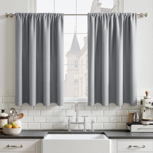 CUTEWIND Cortinas Cocina Cortas Opacas Termicas Aislantes Frio y Calor para Barra, 60x90 cm, Cortina para Bajo Fregadero Mueble de Cocina, Ventana Pequeña, 2 Piezas, Gris Claro