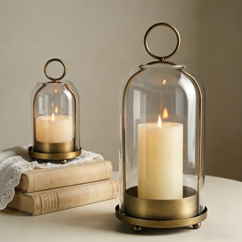 Sziqiqi Portavelas de Huracán para Velas de Pilar: Farol Vintage de Latón con Cúpula de Cristal para Salón - Juego de 2 Grandes Faroles Metálicos con Cadena para Centro de Mesa Chimenea Exterior