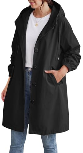 CMTOP Trench Donna Lungo con Cappuccio Elegante Monopetto Cappotto Leggero Antivento Giacca Primavera e Autunno Trenchoat Windbreaker Giacche con Tasche(Nero,M)