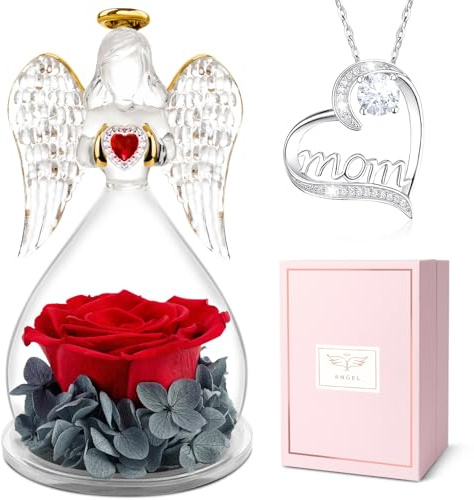 Miofula Regalos Dia de la Madre, Rosa Eterna con Collar Plata de Ley 925,Regalos Originales para Madres, Flores Preservadas Ángel Figura Regalo para Mujer Mama Abuela, Regalo Madre Cumpleaños Navidad