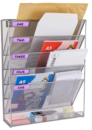 ABN Finest Wall Mounted Magazine Rack Hanging File Document Holder Organiser for Letter, Literature Display, A4 Paper, Newspaper, Books - Metal Mesh 6-Tier Silver