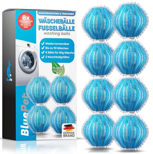 BluePet 8 Palline antipilling per Lavatrice - Rimuove peli di Animali, lanugine e Pelucchi, Raccoglitore di peli per asciugatrice - Palline antipilling - Pallina per bucato (8X Blu)