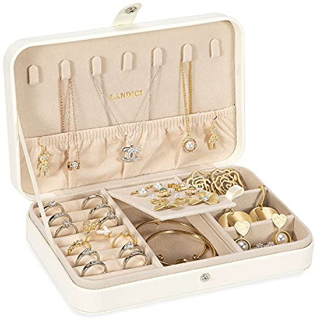 LANDICI Jewellery Box Small Jewellery Organiser for Women Girls, PU Leather Travel Jewellery Storage Case, Portable Jewellery Holder for Ring Earrings Necklace Bracelet, Jewellery Gift Box,White
