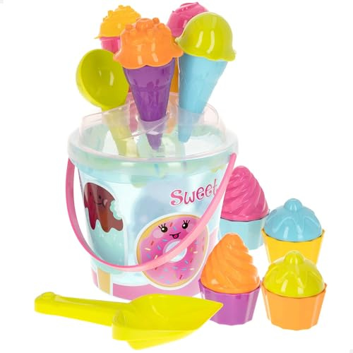 ColorBaby Color Beach Set Juguetes de Playa, Cubo Pala y rastrillo, Regadera y moldes, Juegos Arena, de Verano, Bolsa de Red para Juguetes, Recomendado para bebés 18 Meses (49265)