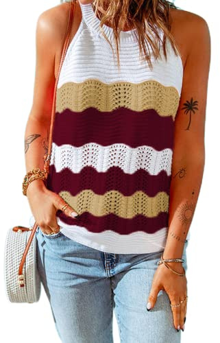 Mujer Casual Sin Mangas Acanalado Punto Cuello Halter Racerback Mujer Verano Tank Top Tirantes Punto Cami Blusa Suelta Camisa Mujer Rayas Punto Tank Tops Casual Sin Mangas Cami Blusa Camisas