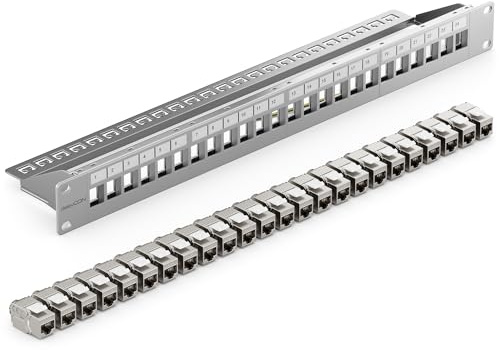 deleyCON 24 Porto Pannello Delle Patch Set Modulare 1 IU 19 Pollici Montaggio Rack + 24x RJ45 Keystone Moduli CAT6a Compatibile con CAT5 CAT6 CAT7 LAN Cavi di Rete Cavi di Posa Grigio