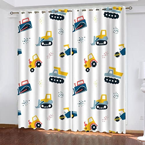 Woowin Verdunklungsvorhänge Traktor Gardinen mit Ösen Vorhänge Blickdicht LKW-Bagger 3D Polyester Thermo Vorhang 2 Stücke kinderzimmer Gardinen für Junge Mädchen Schlafzimmer Dekoration 110X95cm