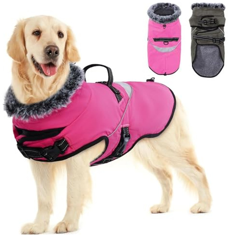 LIANZIMAU Cappotto impermeabile per cani con pettorina giubbotto cane inverno invernale con fodera in pile Cappotto caldo giacca riflettente per cani taglia grande cappottino cane taglia media