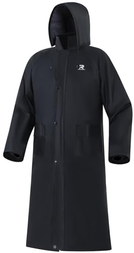 RainRider Raincoat for Men Waterproof Long Rain Jacket with Stowable Hood Lightweight Rain Gear Poncho for Unisex, Black, XXL