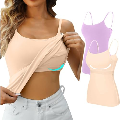 Canotta Donna Cotone Tank Top Canottiera con Reggiseno Incorporato Canotta di Base Estiva Scollo a V Cami Camisole Spalline Regolabili Tank Shirt Senza Maniche Camicia Imbottita Casual Canottiera