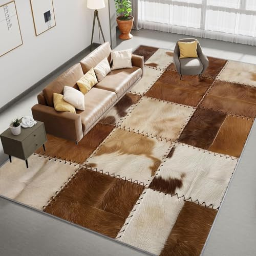 Tappeti da Soggiorno 160x230 cm, Tappeto Stampato Strisce patchwork pelle di mucca, Tappeto a Pelo Corto Stile rustico per Camera da letto, Tappeti Lavabili in Lavatrice per Soggiorno