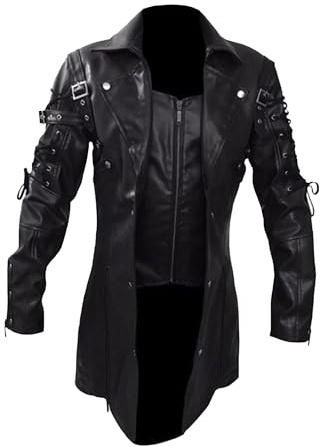 ZDJSWJ Chaqueta gótica Steampunk para hombre Chaqueta de equitación de moto de cuero Punk gabardina abrigo de piel sintética, Negro , XL