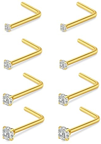 AceFun nose stud,8pcs 22G nose stud gold nose stud L-shaped nose piercing surgical steel diamond small nose stud for women men corkscrew nose piercing stud screw
