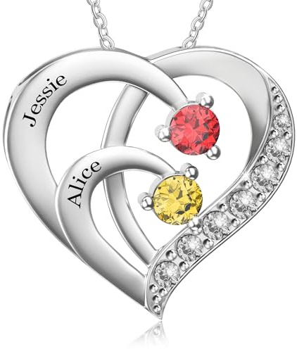 Easycosy Regalo Dia de la Madre, Collar Personalizado con Nombre Grabado, Colgante de Corazón con Piedras de Nacimiento, Collar de Mujer en Plata 925, Idea Regalo para Mamá, Mujer, Pareja, Amigo
