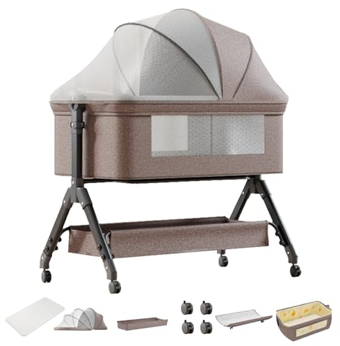 Aveainelle Lettino Portatile da Comodino 3 in 1, Culla Dondolo per Bambini, Lettino per Neonati, con Fasciatoio, Zanzariera, Cestino Portaoggetti, Materasso, 4 Ruote, per Bambini da 0-24 Mesi (KHAKI)