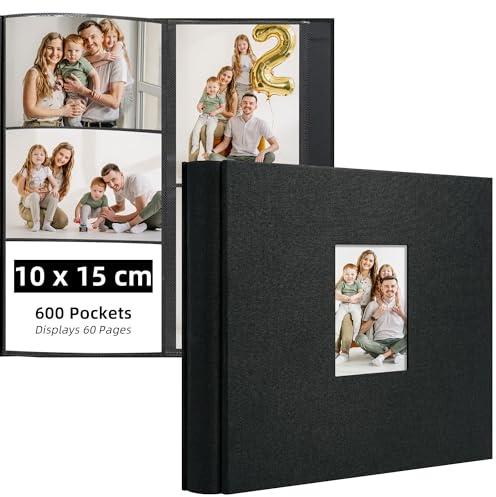 Remowith Album Fotos 10x15 cm, Álbum de Fotos de Gran Capacidad para 600 Bolsillos, Photo Album Horizontal y Vertical, con Funda de Tela, Ideal para Familia, Bodas, Viaje y Recuerdos de Bebé, Negro