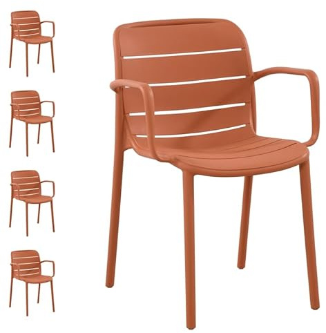 Gruppo Maruccia - Set 4 Sedie da Esterno in Polipropilene - Impilabili e Con Braccioli - Arredo Giardino, Piscina, Bar, Ristorante - Colore Rosso